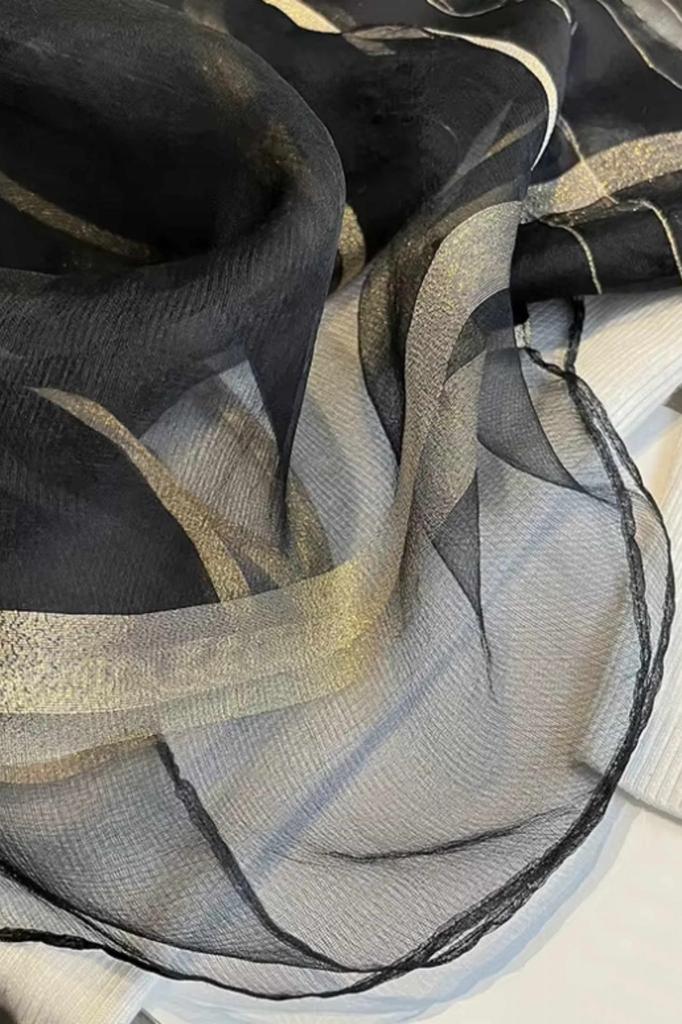 Elegant Black Shawl with Shine - Mulberry Silk and Wool, 190x70
