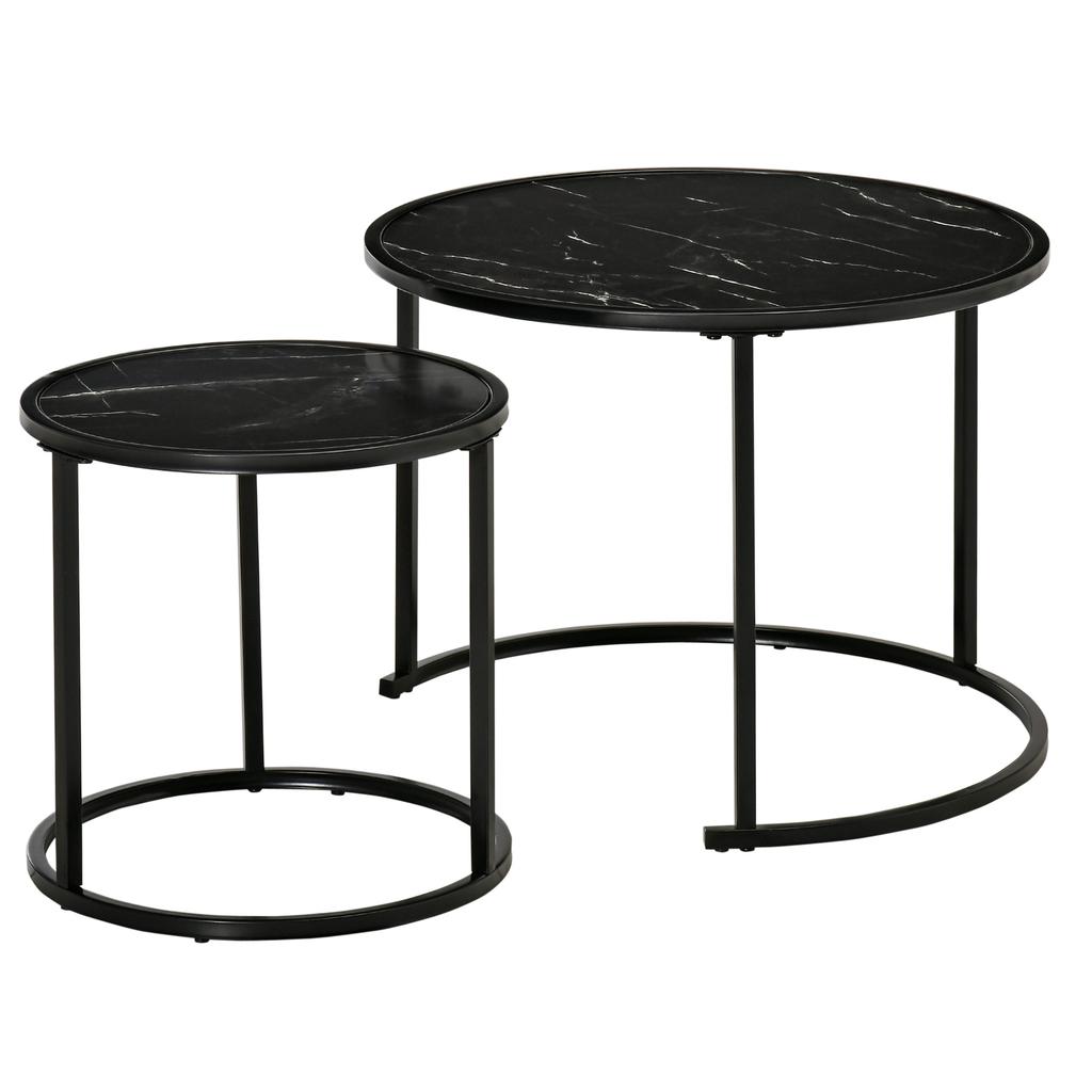 Set Of 2 Round Nesting Coffee Tables Stackable Marble Look Wood Top And Black Metal Legs