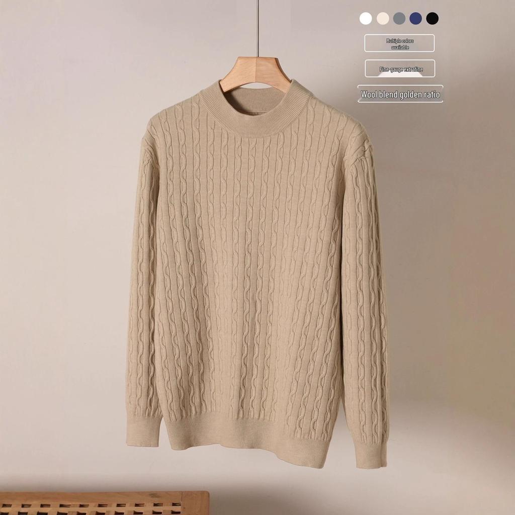 Herren Herbst- und Winter Pullover mit Zopfmuster aus Wolle - Einfacher Rundhalsausschnitt, Langarm, Einfarbige Farbe.