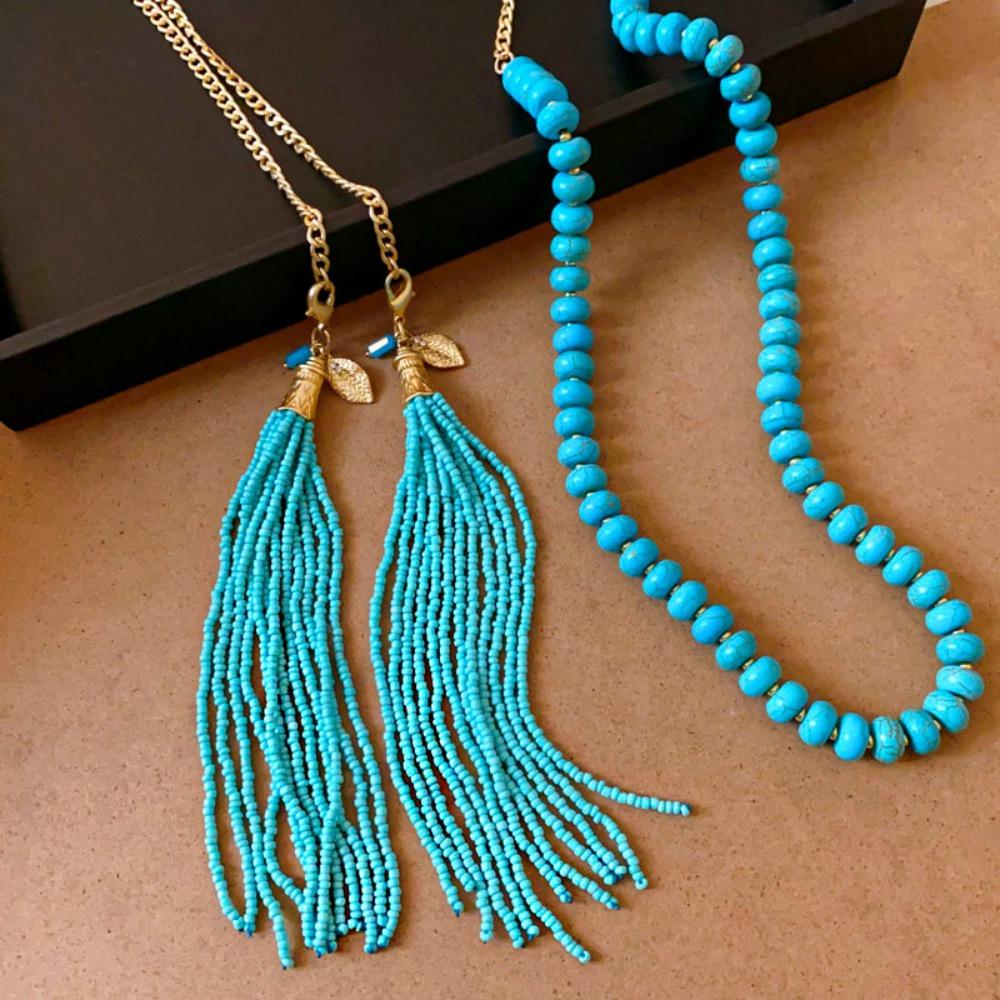 Hanging Neck Bohemian Waist Chain Rice Beads Sweater Chain Portable Long Turquoise Necklace  Girls