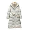 Women's Winter Autumn Hooded White Duck Down Jacket Coat Loose Long Solid Color Big Pocket Belt Waist Down Coat