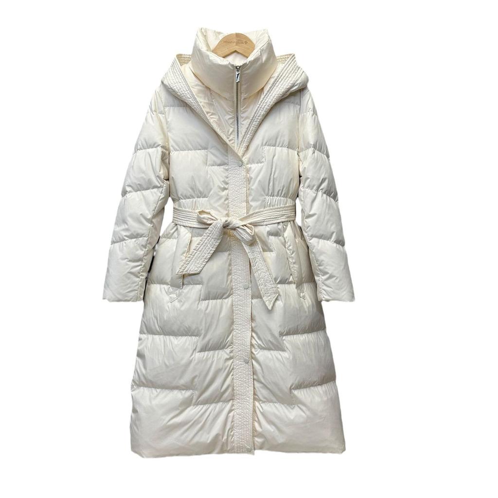 Women's Winter Autumn Hooded White Duck Down Jacket Coat Loose Long Solid Color Big Pocket Belt Waist Down Coat