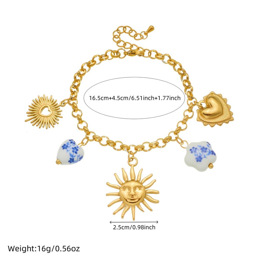 DIEYURO 316L Stainless Steel Golden Sun Heart Ceramic Flower Pendant Bracelet For Women New Classic Wrist Chain Jewelry Gift