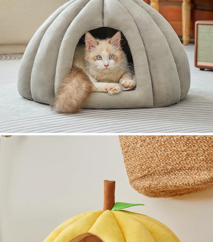 Pumpkin-shaped Pet Bed for Cats and Dogs, Providing a Cozy, Secure Sleeping Space and Hiding Spot.