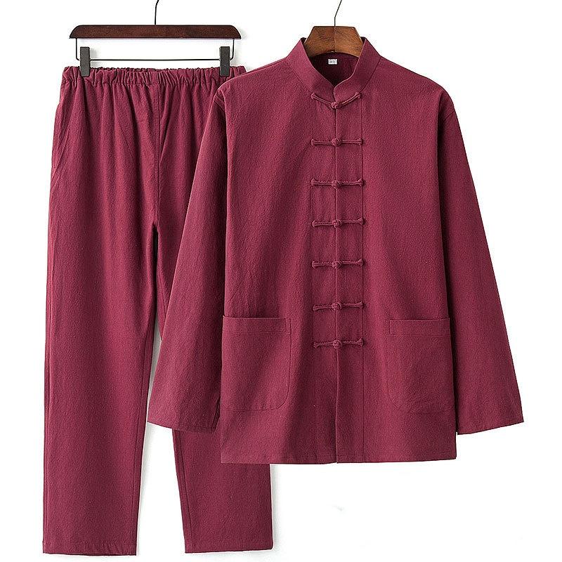 Tang Suit Men's Buddhist Chinese Style Chinese Style Clothing Cotton Linen Suit Ancient Style Two-piece Spring and Autumn Lay Clothes Elastic Waist