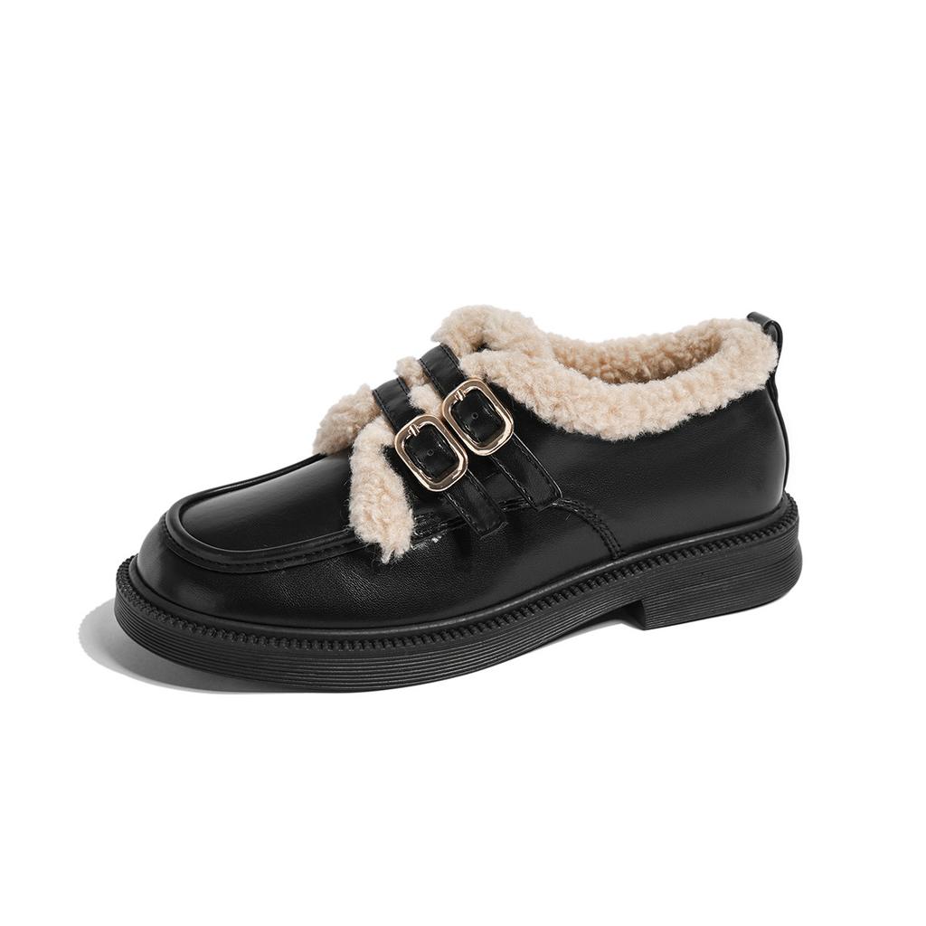 Thick-soled small leather shoes for women's autumn and winter new plush cotton shoes