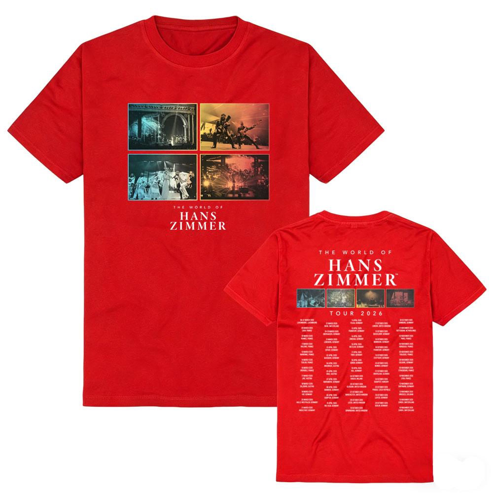 „Titles“ Schwarzes T-Shirt Hans Zimmer Tour 2026 Tee Cyberpunk New Wave Schriftart T-Shirt Baumwolle Unisex Oberteile XS rot