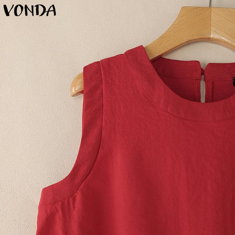 VONDA Women Round Neck Sleeveless Ruffled Twisted Hem Casual Tank Tops