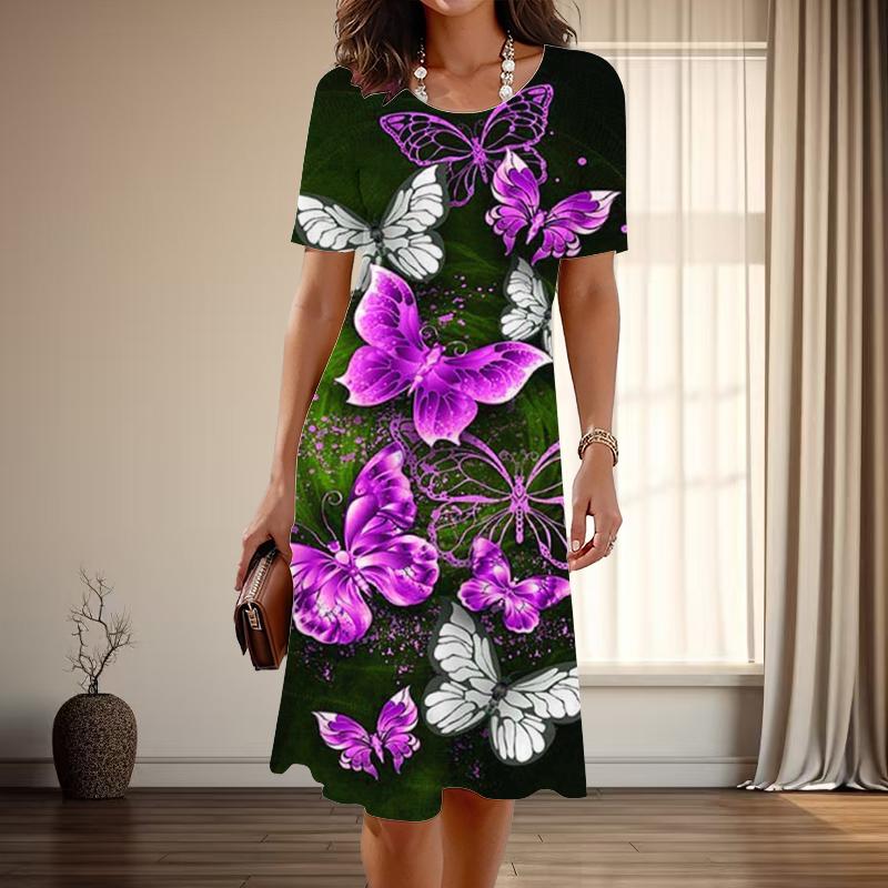 Women's Fashion Graceful Butterfly Print Summer Spring Short Sleeve O-Neck Casual Dresses