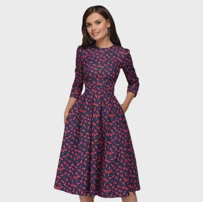 European & American Women's Floral A-Line Tutu Dress with Three-Quarter Sleeves