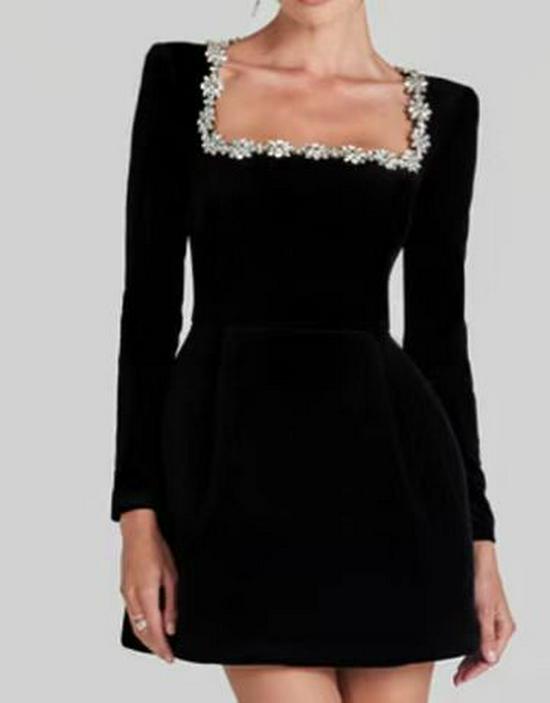 Letnia Damska Sukienka Wieczorowa A-Line z Długim Rękawem i Kwadratowym Dekoltem z Cyrkoniami