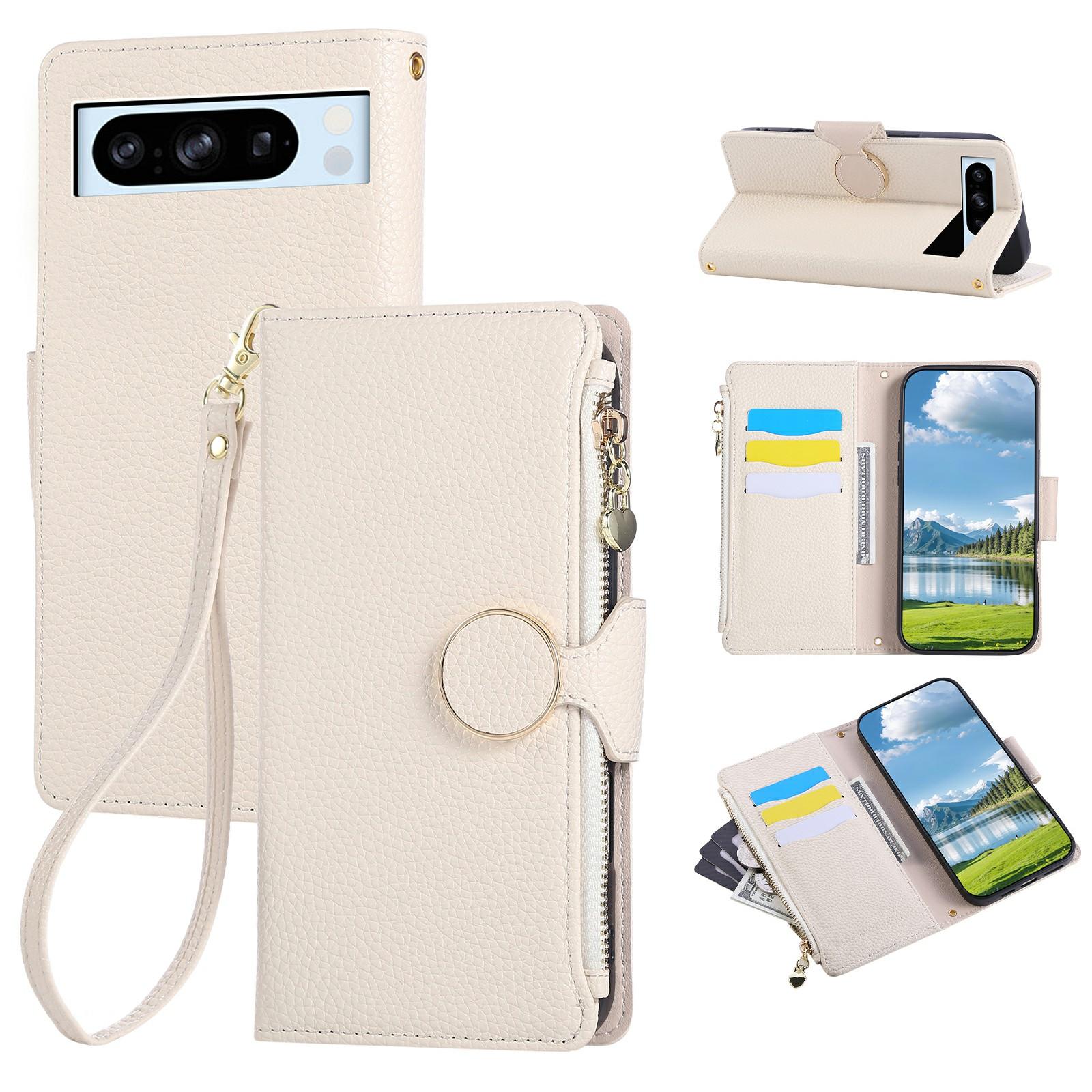 

For Google Pixel 8 Pro Case Zipper Wallet Leather Phone Cover with Wrist Strap E