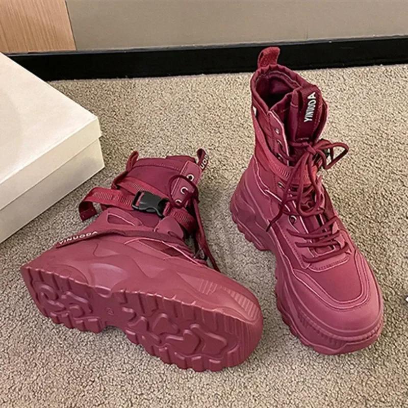 Fashion Classic Lace-up Platform Boots Women Mid-calf Flat Boots for Women Mesh Leather Splicing Light Non-slip Breathable Casual Boots