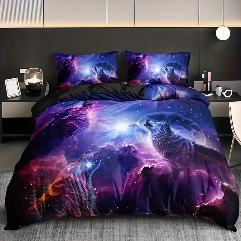 Wolf Sternenhimmel Wald Bedrucktes Bettbezug-Set Bettwäsche-Set für Schlafzimmer Dreiteiliges Set