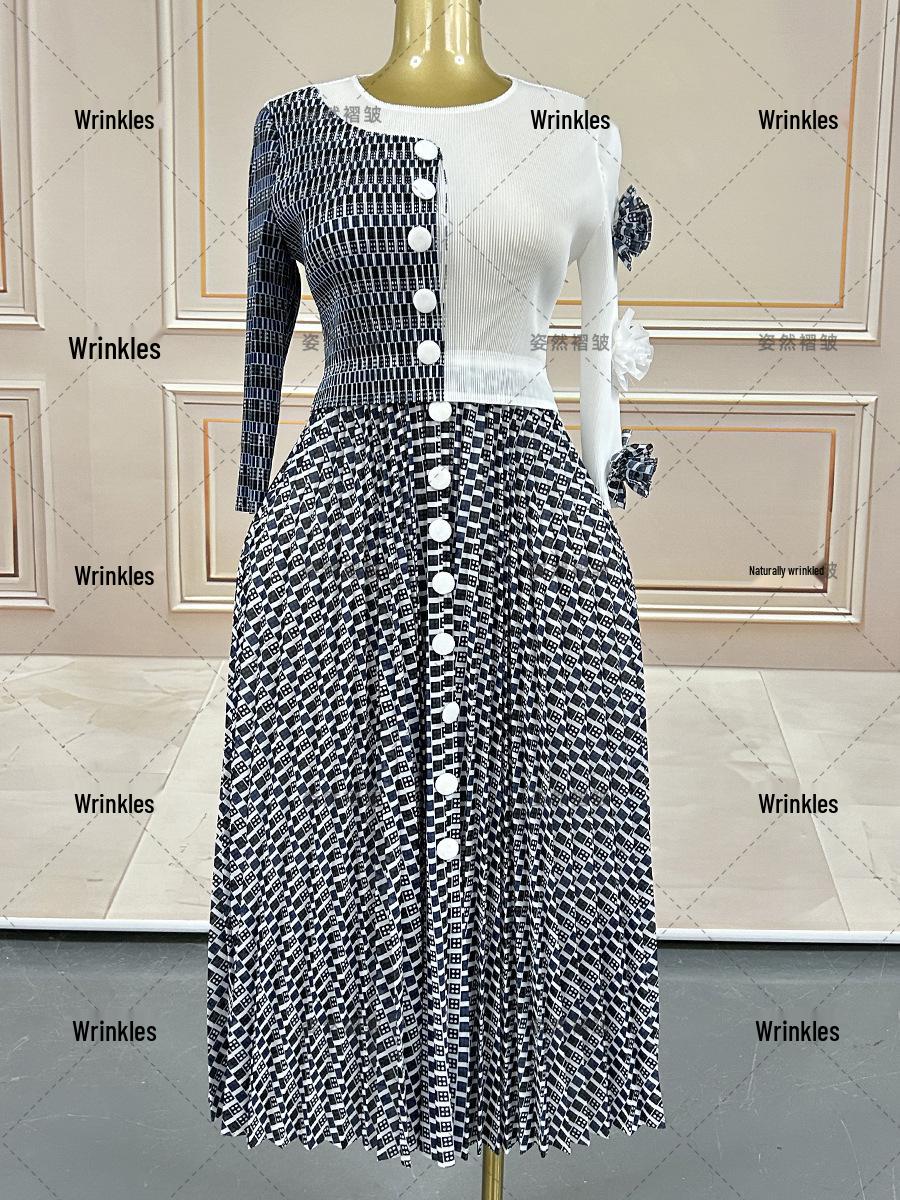 

Miyake Plaid Pleated Long Sleeve Plus Size Dress - European & American Style One Size білий