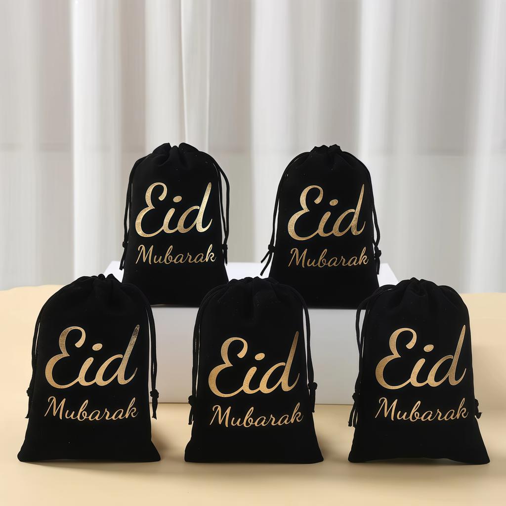 5pcs/1PC 23*17CM Eid Mubarak Velvet Drawstring Gift Bags Ramadan Decorations Gift Bags Ramadan Kareem Party Drawstring Gift Bags