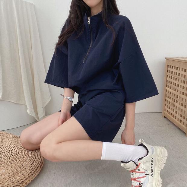 Women's Two-Piece Summer Sportswear: High Neck Zip Top & Loose Shorts Set