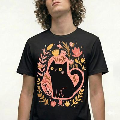Black Cat Floral T Shirt Vintage Lover Retro Cute Funny Vintage Washed Homme Comfortable Top For Everyday Wear Slightly