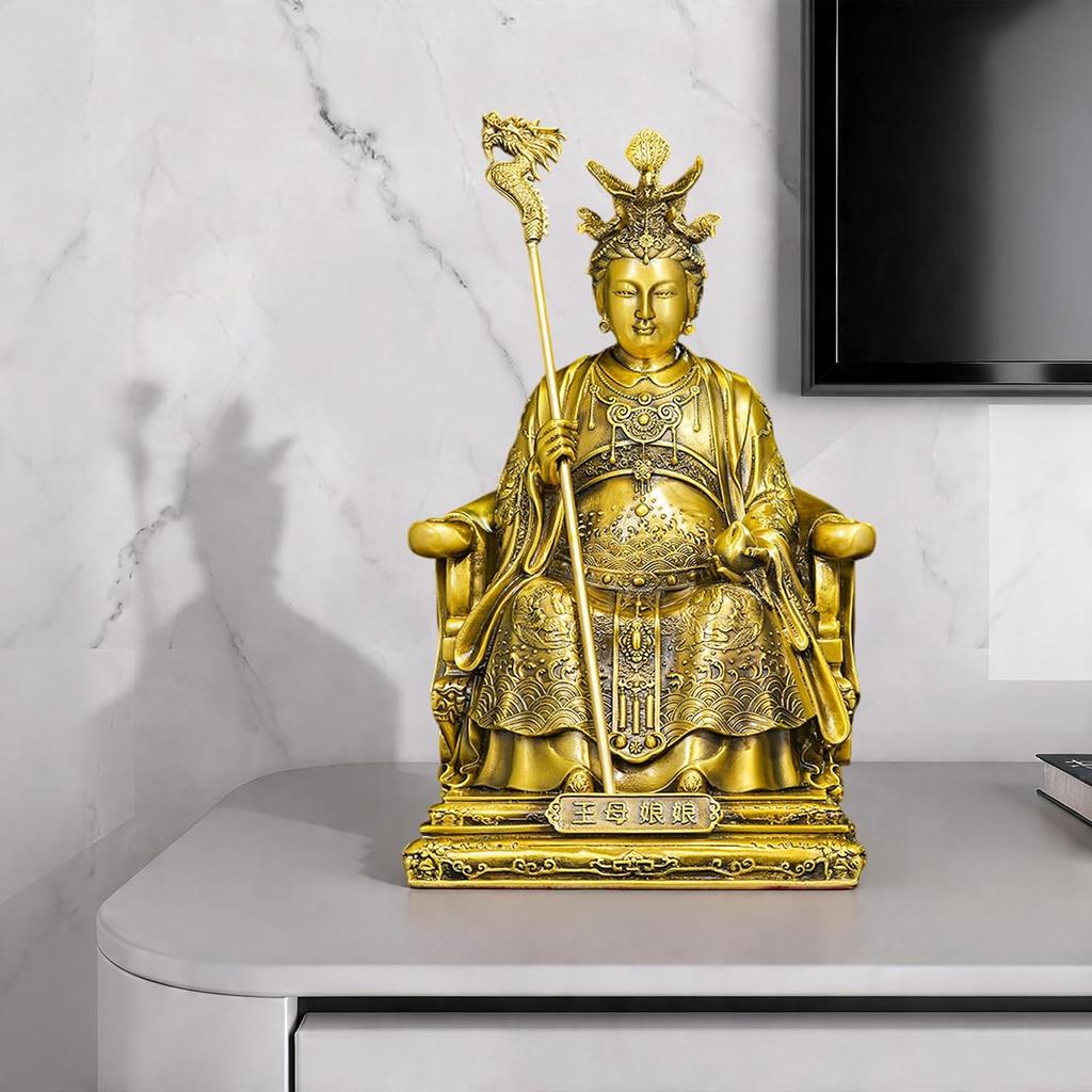 Estatua de latón Aris & Juno Reina Madre del Oeste Feng Shui – Figura china de longevidad y bendición para la entrada, escritorio de oficina en casa o decoración de estantería,