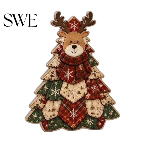 Wooden Holiday Party Decor Quilted Christmas Tree Table Sign, 2D Flat Fabric Patchwork Pattern Desktop Reusable Xmas Sign Ornament, Rustic Farmhouse