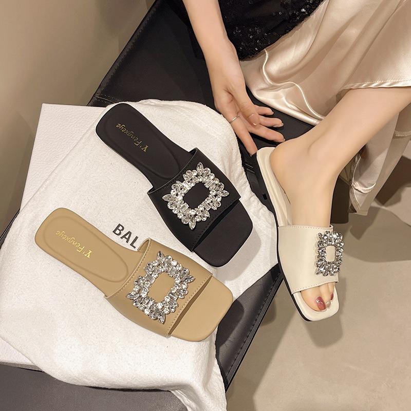 Rhinestone square buckle cool slippers for women to wear summer new women's shoes one and a half slippers