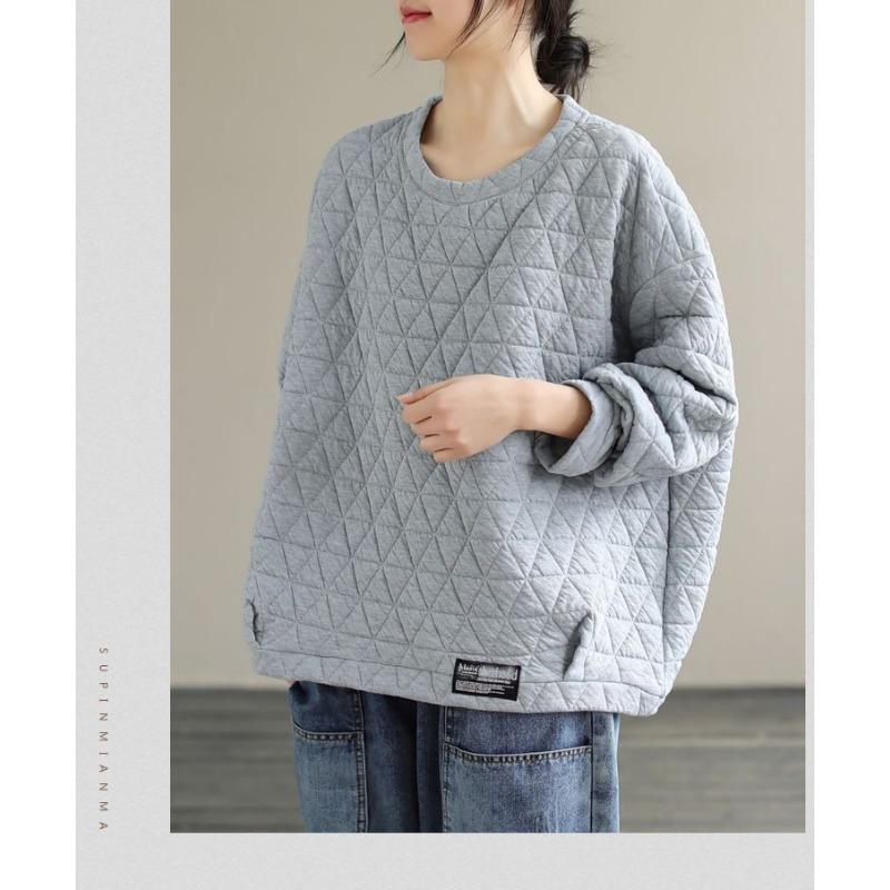 Retro Gestepptes Rauten-Plaid Rundhals-Sweatshirt für Damen im Herbst und Winter Lockerer Künstlerischer Lazy-Style Oberteil Unterhemd