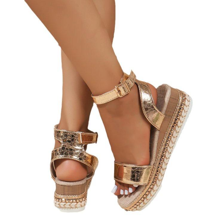 Große Leinenplateau Ein-Wort-Sandalen Sommer neu hohl Strand Damen Schuhe