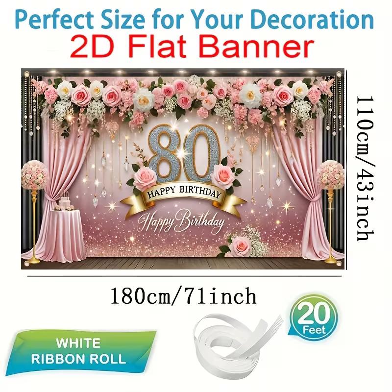2D Glitter Pink Rose 80th Birthday Banner for Women Celebration 47.2x31.5inch/120*80cm