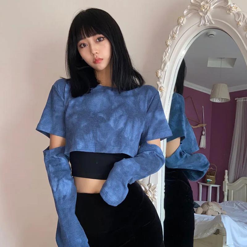 Jarní a podzimní nové batikované dvoudílné topy Dámské krátké tričko s výřezy na rukávech Streetwearový cool styl Ležérní košile