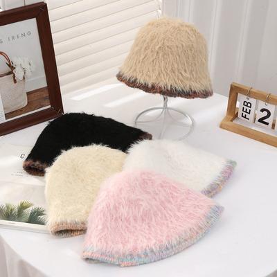 Autumn Winter Cute Sweet Solid Color Bucket Hat Korean Version Plush Knitted Wool Hat Warm Face Showing Small Hat for Girls