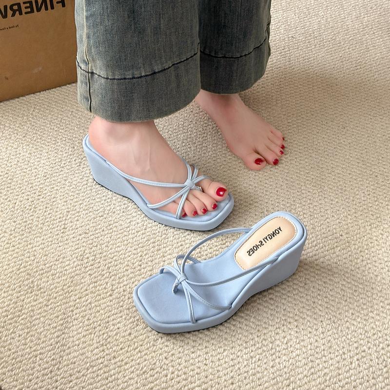 Designer Summer Women Wedges Heel Clip Toe Slippers Concise Narrow Band Slide Ladies Outdoor Party Dress Sandalias