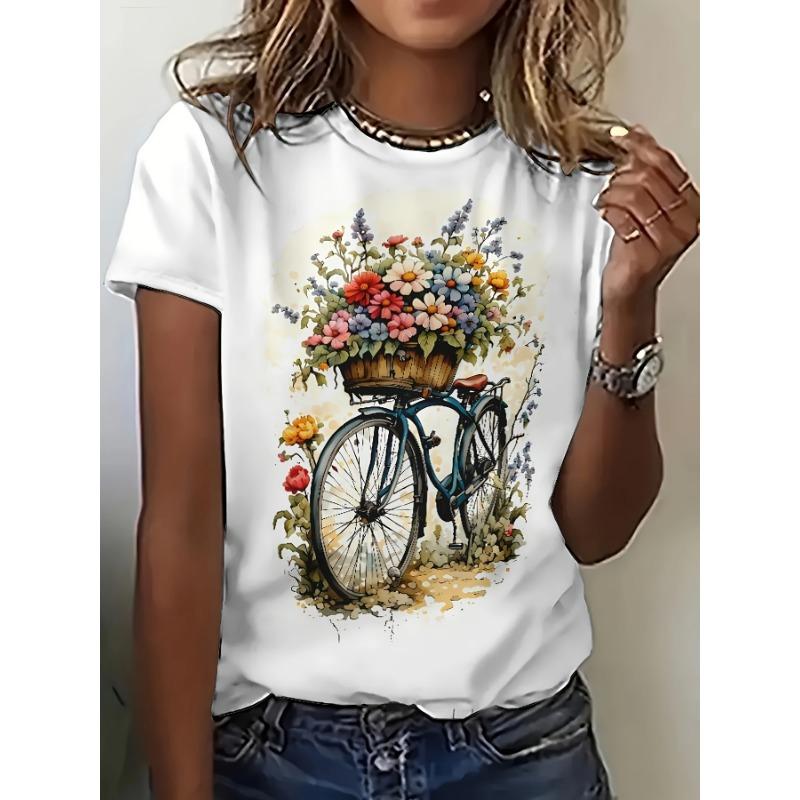 Sweet style bicycle flower landscape pattern women s printed short-sleeved round neck white T-shirt S