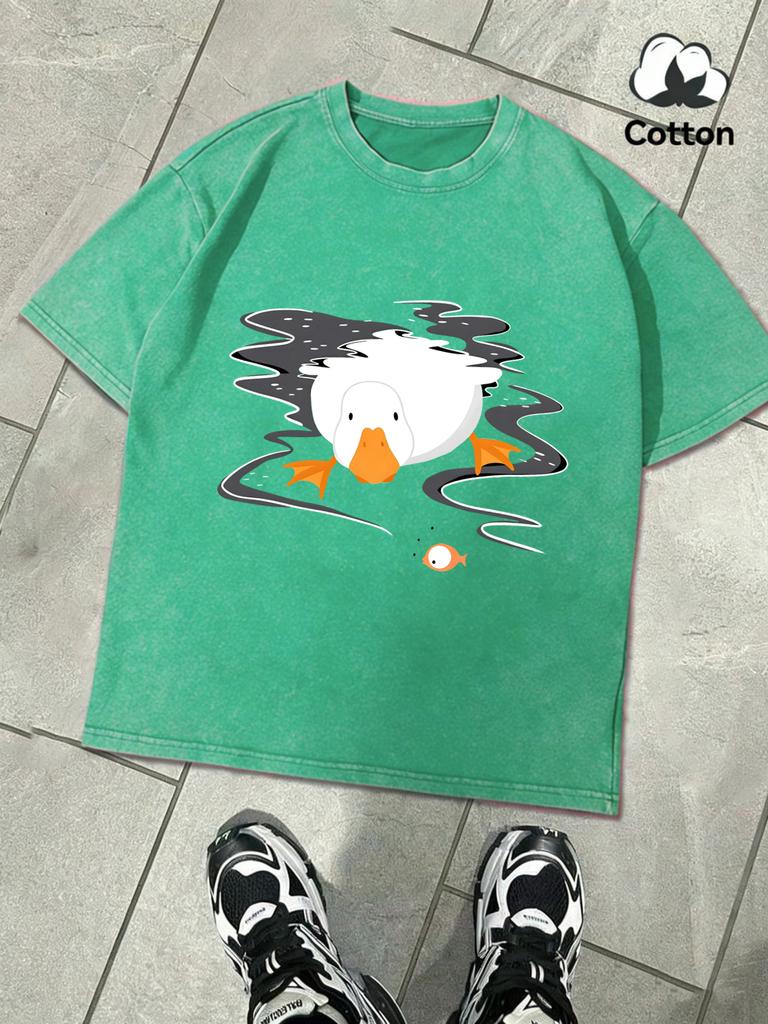 A Goose Free In The Water Design Snow Wash Men Tee Summer Retro T Shirt Soft Fashion Washed Clothing Unisex Cotton ONeck Tops