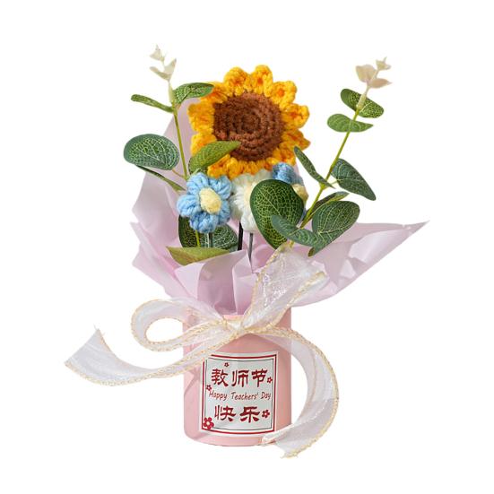 

День учителя Крючком Подсолнух Букет с Листьями Эвкалипта Ручная Вязание Пряжа Цветочная Декорация Домашний Офис Центральная Часть Стола Подарок Учителю синий