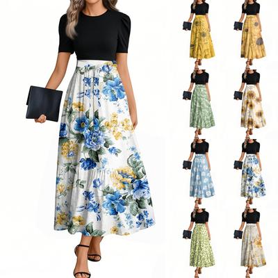 Women's Fashion Casual Belt Short Sleeve Round Neck Floral Stitching Elegant Temperament Dress