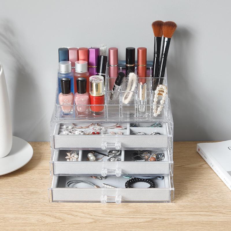 Three-Drawer Velvet Jewelry and Cosmetic Organizer with Necklace, Earring, and Ring Display