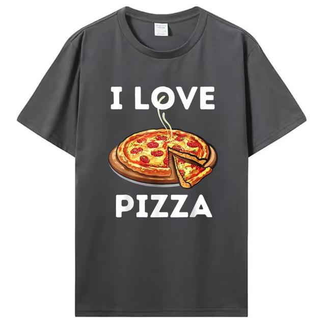Cross-border Western trendy T-shirts for men, I Love Food tops, pizza cartoon print T-shirts, men's short-sleeve T-shirts