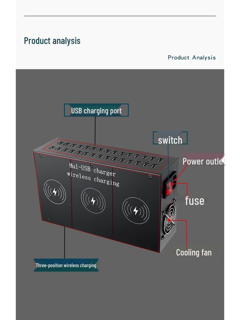 High-Power Multi-Port USB Charging Station with 15W Wireless and 30-Port Capability