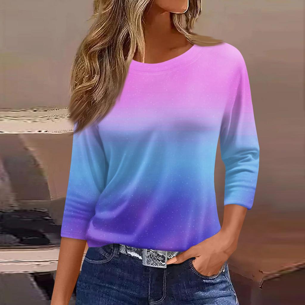 Moda damă ocazional decolteu rotund mâneci 3/4 tricou imprimat largi Top dama