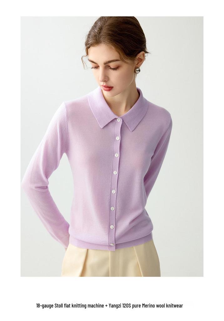 Yangzi 100% Wool Cardigan - POLO Collar Spring & Autumn Fashionable, Age-Reducing Knit