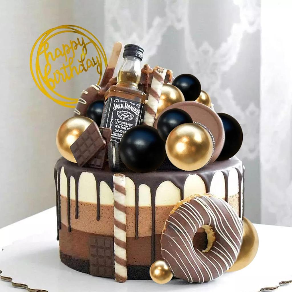 Black Gold Cake Topper Pearl Balls Cake Topper Happy Birthday Cake Insert Pick DIY Pile Up for Wedding Birthday Party
