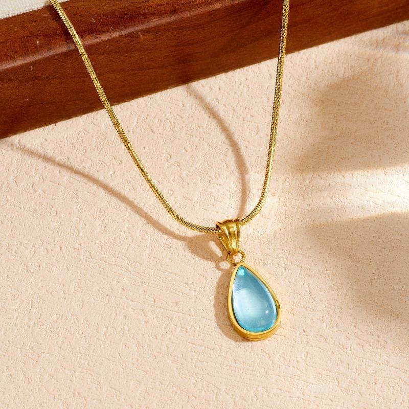 Gold Plated Snake Chain Necklace with Teardrop Shaped Blue Stone Pendant Fashion Jewelry for Women