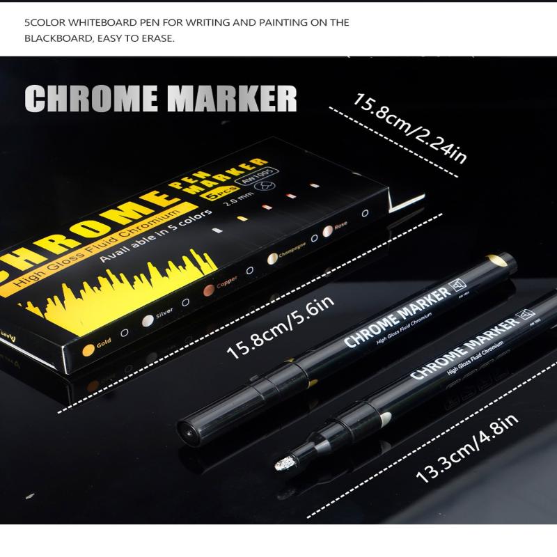5 Pcs Chrome Mirror Marker Pen 2Mm Diy Reflective Paint Pens Permanent Gold Silver Copper Marker Model Painting Marking