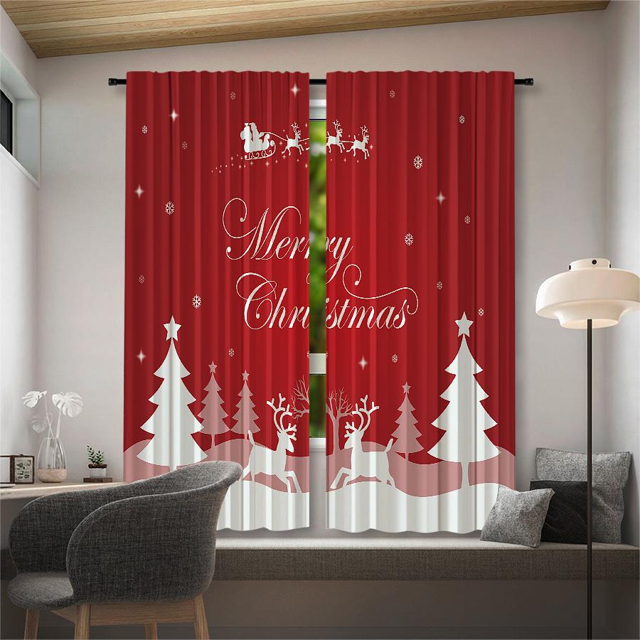 2pcs- Christmas Santa Claus Christmas Tree Pattern Printed Curtains   Christmas Decorations   Home Decorations   Room Decorations