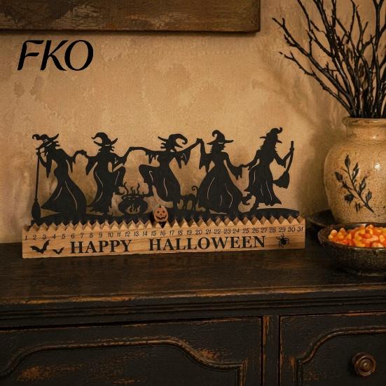 Rustic Wooden Table Decor Halloween Dancing Witch Countdown Ornament, Home Classic Retro for Office Party Centerpiece, Spooky Haunted House