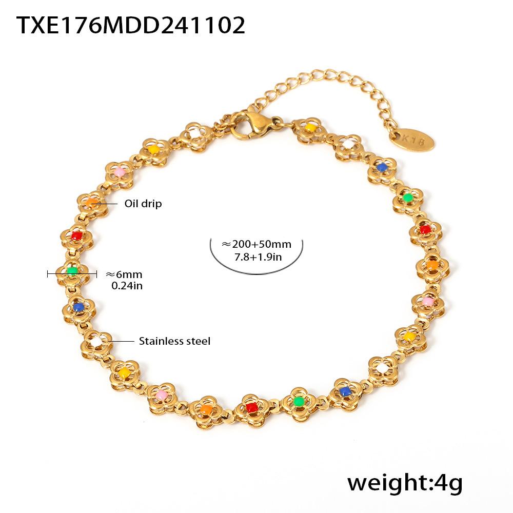 1 Piece Stainless Steel Small Flower Handmade Chain Oil Drip Colorful Heavy Work Necklace Bracelet Ladies Zircon Accessories
