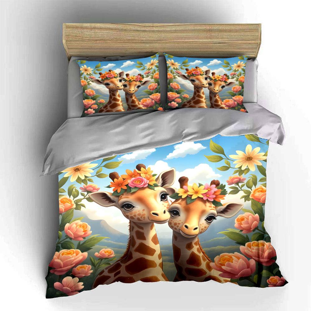3Pcs Two Giraffes With Floral Crowns Duvet Cover Set With 3D Printing Design Soft Polyester Bedding Set All-Season Comfort