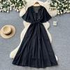French heavy industry embroidery V-neck dress women's summer short sleeves waist thin A word temperament long dress vacation style