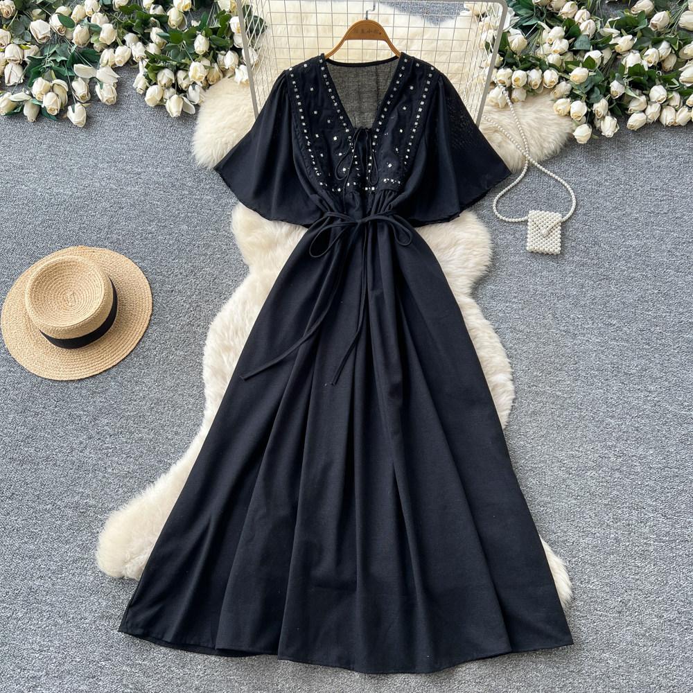 French heavy industry embroidery V-neck dress women's summer short sleeves waist thin A word temperament long dress vacation style