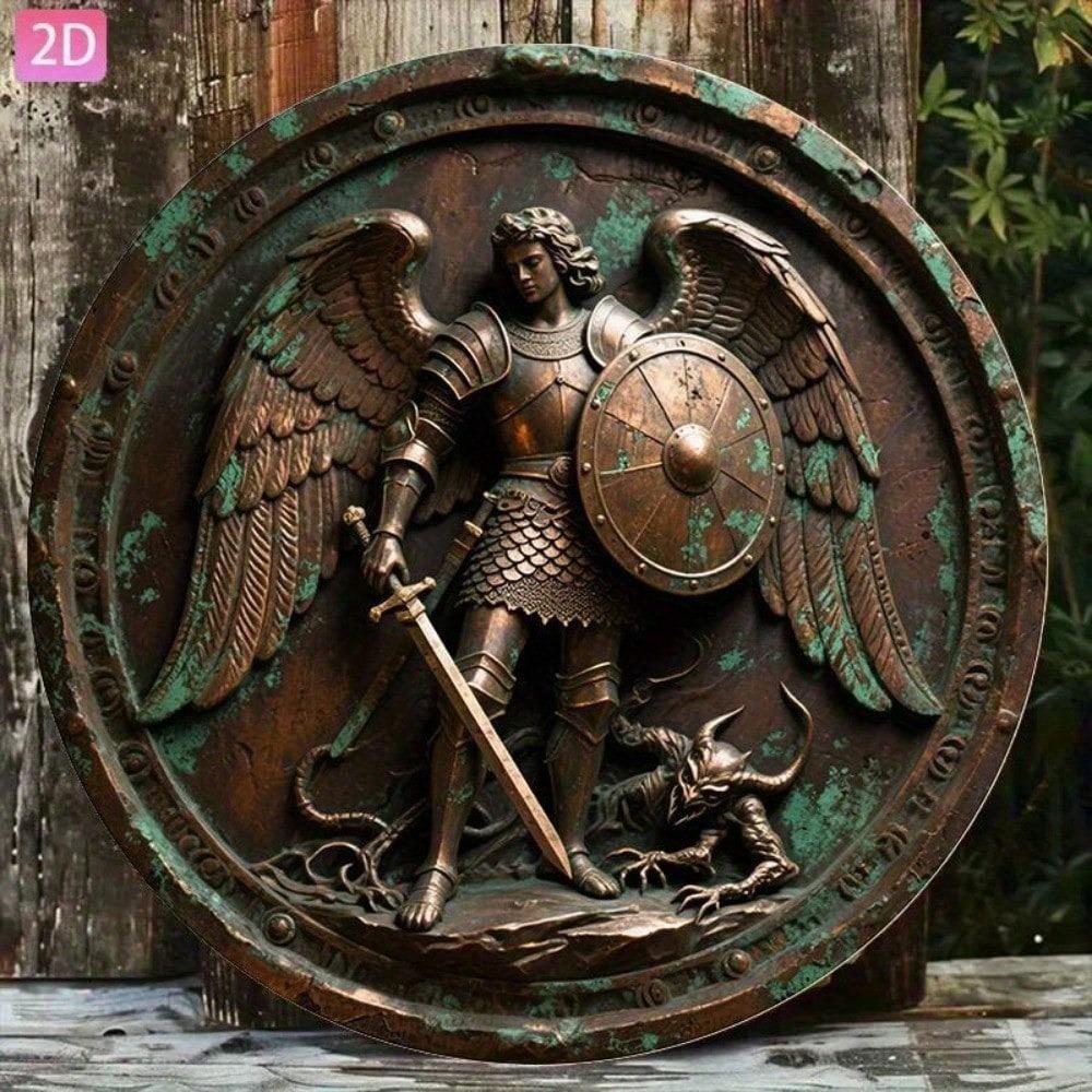 Vintage St Michael Archangel Metal Sign Bronze Aluminum Wall Art